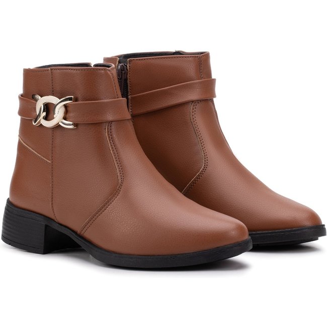 Bota Feminina Salto Confortável Cano Curto Caramelo Estilo Shoes
