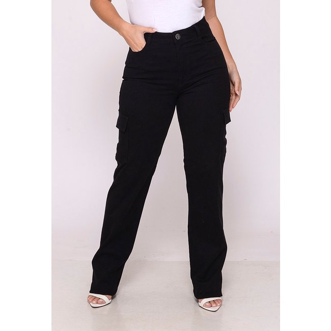 Calça Sarja Cargo Feminina Elastano Cintura Alta