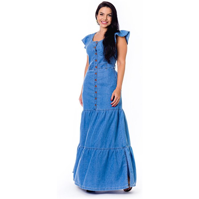 Vestido Longo Restrito Jeans com Mangas e Botões -AZUL MÉDIO
