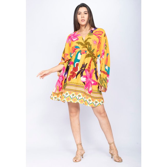 Vestido Amazônia Vital Curto Manga Ampla Estampa Tropis