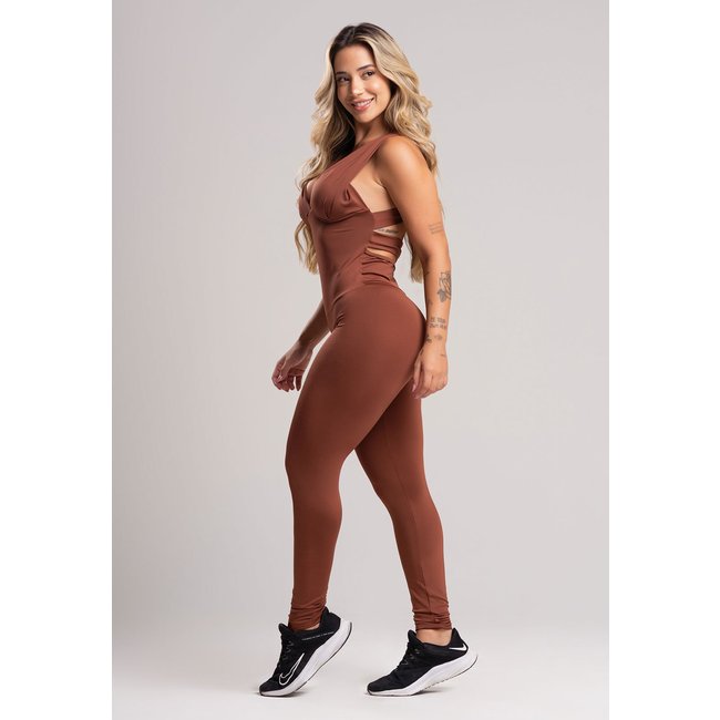 Macacão Longo MVB Modas Bojo Fitness Suplex Liso Marrom