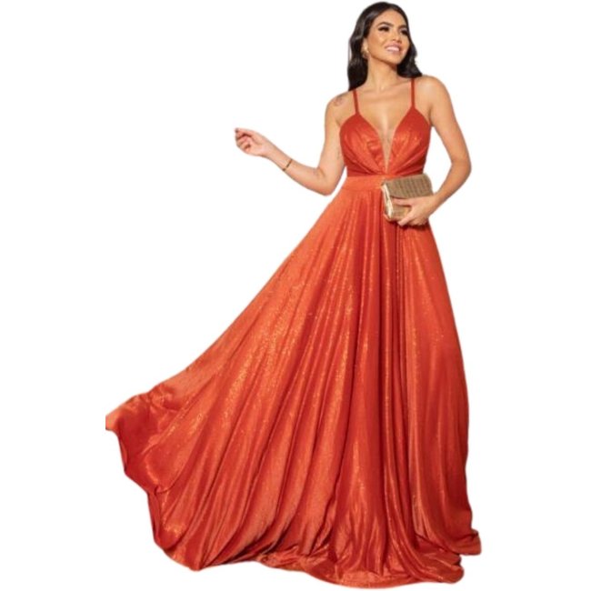 Vestido Longo de Festa Premium para Madrinhas Eduarda Micro Tule Terracota