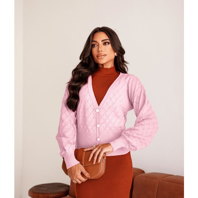 Casaco Cherry Line Botão Manga Longa Tricô Textura Rosa Claro