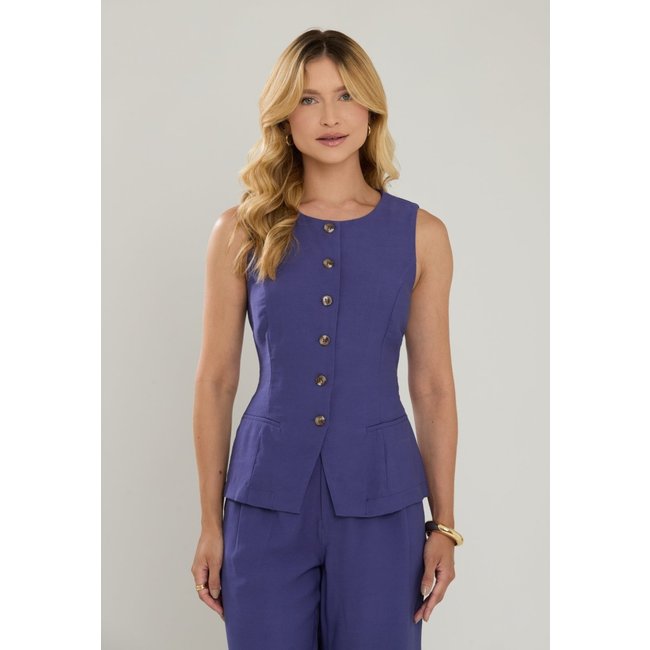 Colete Gola Redonda Miss Joy 8420 Crepe Slub Azul Jeans