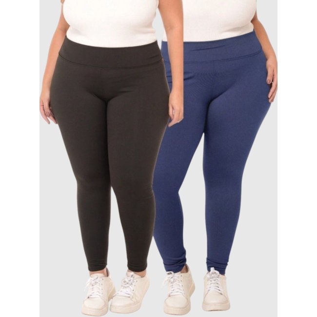 Kit com 02 Calças Legging Plus Size D Bell Outlet Fashion Feminina Academia Cintura Alta Preta/Azul