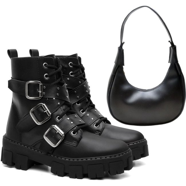 Kit Bota Coturno Feminino Anna Andrade Casual Tratorado Cano Baixo Fivelas Tendência e Bolsa Preto