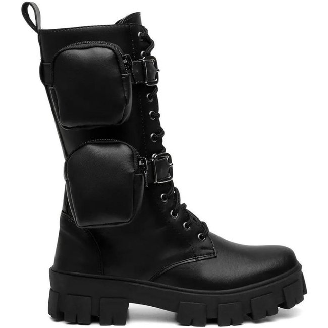 Coturno Feminino Tratorado Anna Andrade Cano Alto Casual Militar Bag Tendência Preto
