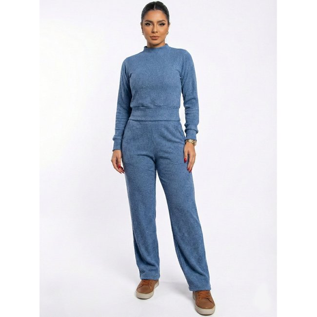 Conjunto Calça Reta Cintura Alta e Blusa Manga Longa Gola Alta Outono Inverno Azul