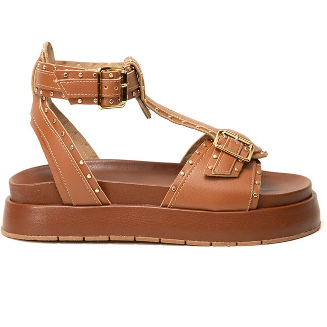 Sandália FlatForm Amarena Caramelo Plataforma Fivela Regulável Aplicações Spikes