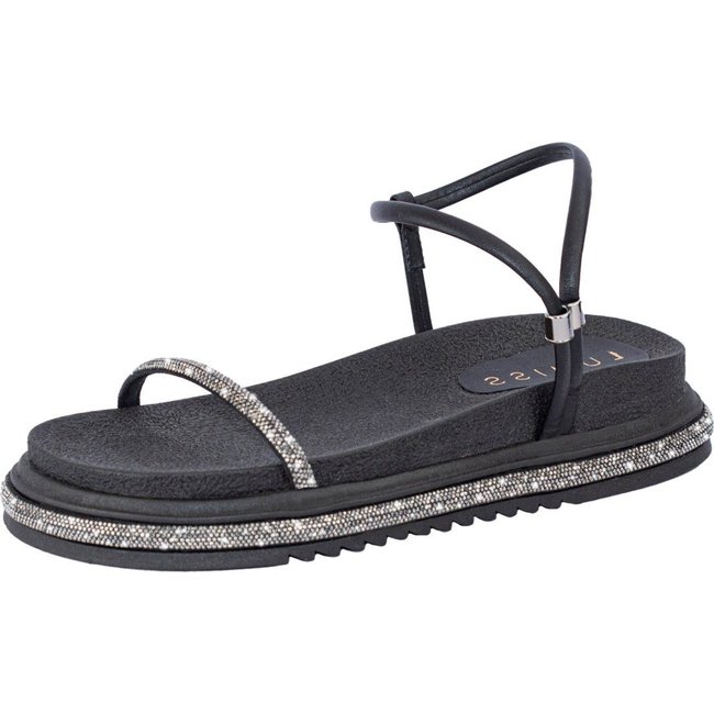 Sandália Papete Feminina Strass Lumiss Confortável Brilho Cristal Flat Plataforma Ajustável Preto