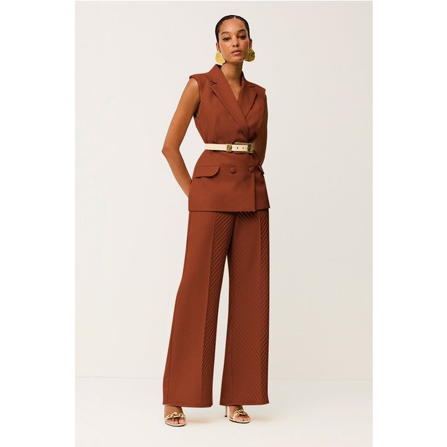 Calça Wide Lisa Com Plissado Oriental Marrom Canela Charry