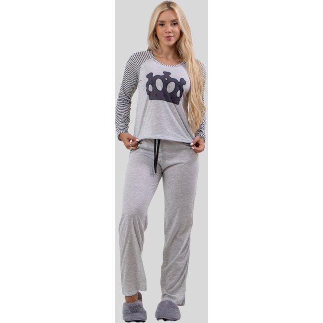 Pijama Feminino com Estampa de Coroa e Mangas Listradas Preto