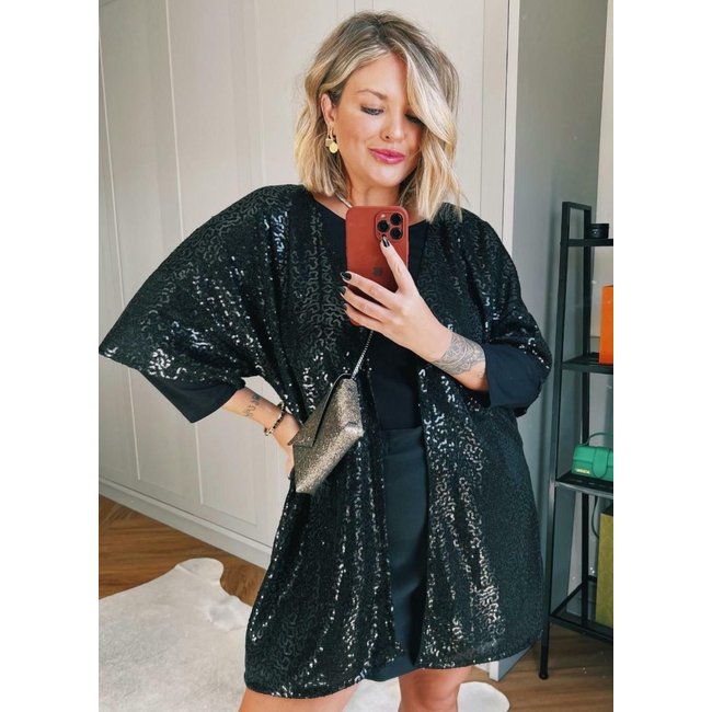 Kimono Paetê Mangas Curtas Preto Quintess