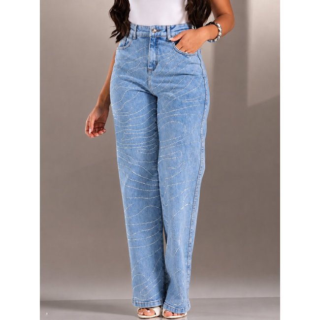 Calça Donna De Paula Wide Leg Com Brilhos Jeans Claro Com Elastano E Strass Feminina