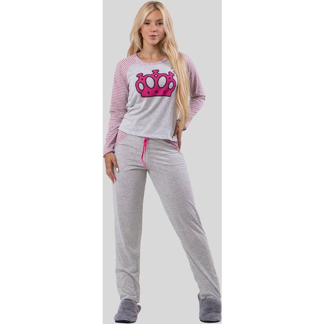 Pijama Feminino com Estampa de Coroa e Mangas Listradas Rosa