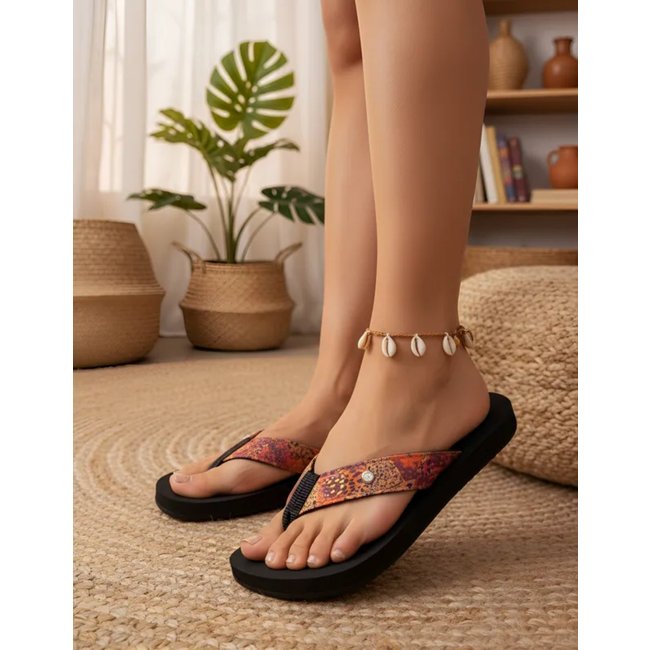 Chinelo Feminino DuRio Buzios Tradicional Estampas Coloridas - Onça Marrom