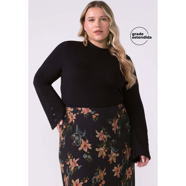 Blusa Feminina Canelada Manga Flare Marialícia Preto
