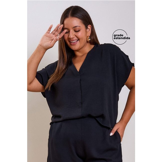 Blusa Feminina Texturizada Decote V Marialícia Preto