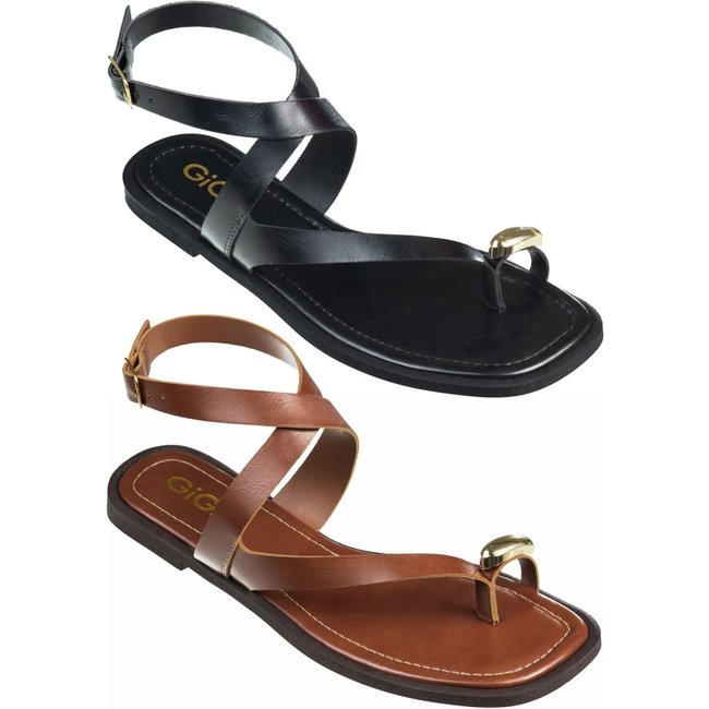 Kit 2 Pares Sandália Rasteira Feminina GiGiL Tiras Cruzadas Detalhe Metalizado Ring Toe Caramelo/Preto