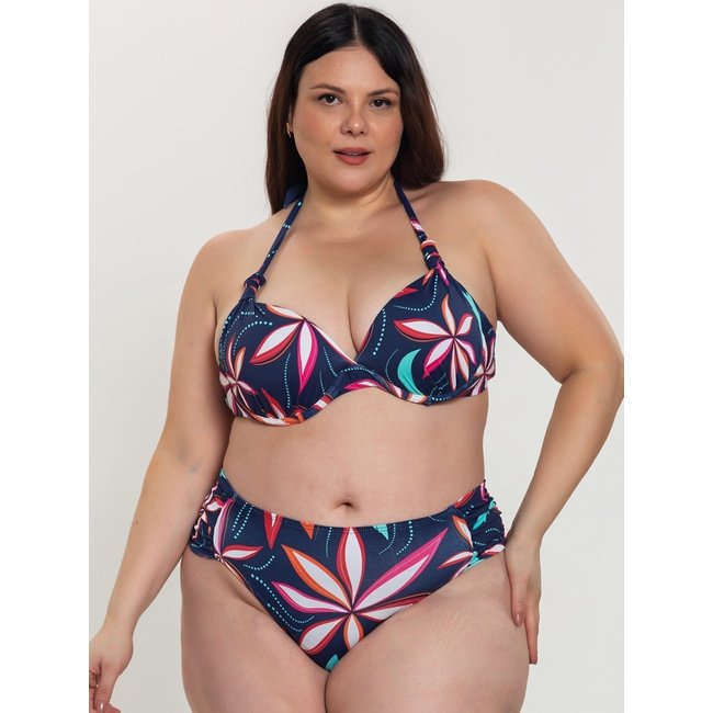 Biquini Plus Size Orla da Praia com Bojo Meia Taça e Calcinha Drapeada Estampado Folhagem Azul Marinho