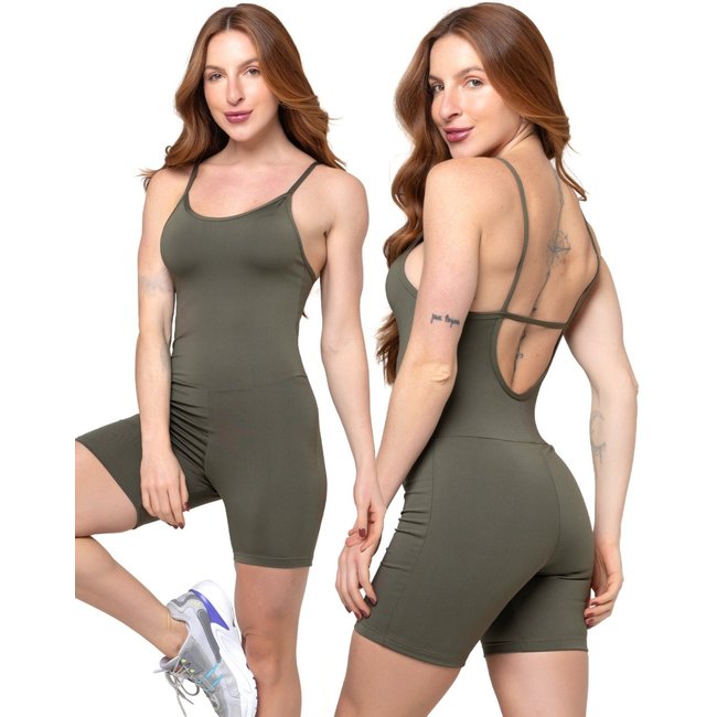 Macaquinho Fitness Alcinha Slim Zero Transparência Forrado Academia Macacão 048 VERDE