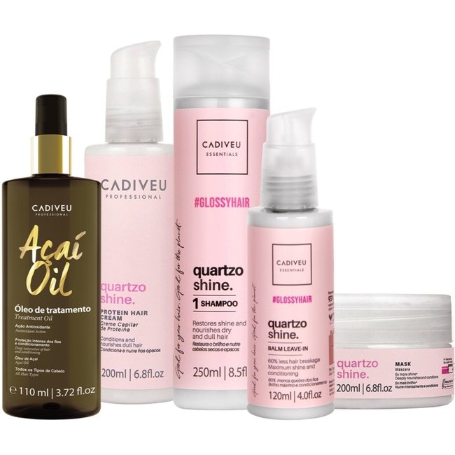 Kit Cadiveu Professional Essentials Quartzo Shine Shampoo Máscara Pré-Shampoo Leave-in e Açaí Oil 110 (5 produtos)