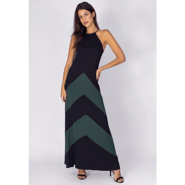 Vestido Longo Amazonia Vital Malha Trapézio Garota de Ipanema Preto e Verde Musgo