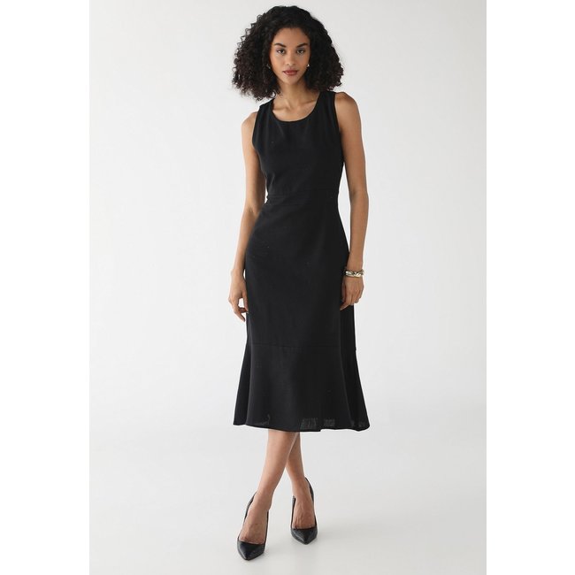 Vestido Midi de Linho com Babado Preto