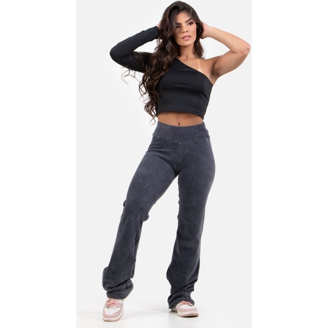 Calça Flare Rioutlet Veludo Cotelê Cintura Alta Cinza Chumbo