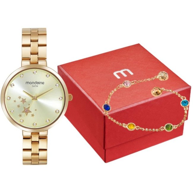 Kit Relógio Feminino Estrelas com Pulseira Cristais Colorida Mondaine