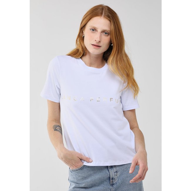 Camiseta Feminina Lança Perfume Estampa Metalizada Branca