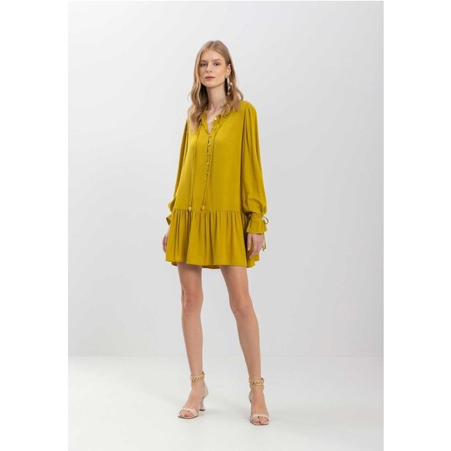 Vestido Curto De Manga Longa Com Babados E Amarrações