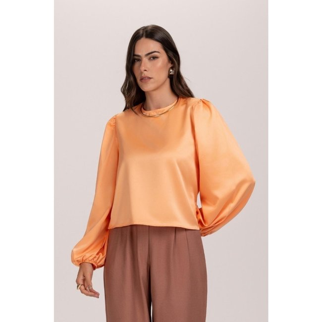 Camisa Feminina De Cetim Manga Bufante Casual Elegante