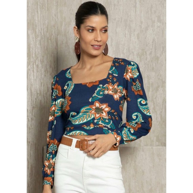 Blusa Decote Quadrado Boho Marinho Quintess