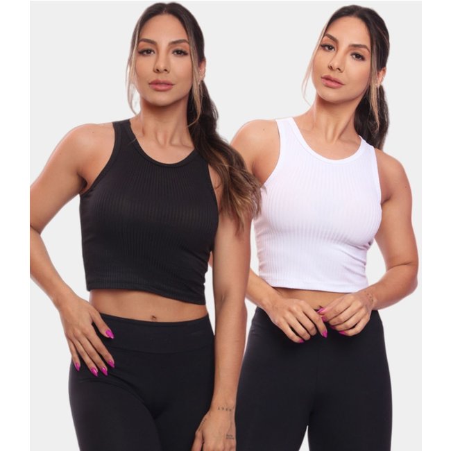 Kit 2 Top Cropped Regata Canelado Feminino Lisa Blusa Blusinha Básica Colorido