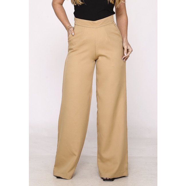 Calça Social Macaw Feminina Pantalona Cintura Alta Elegância e Conforto Bege