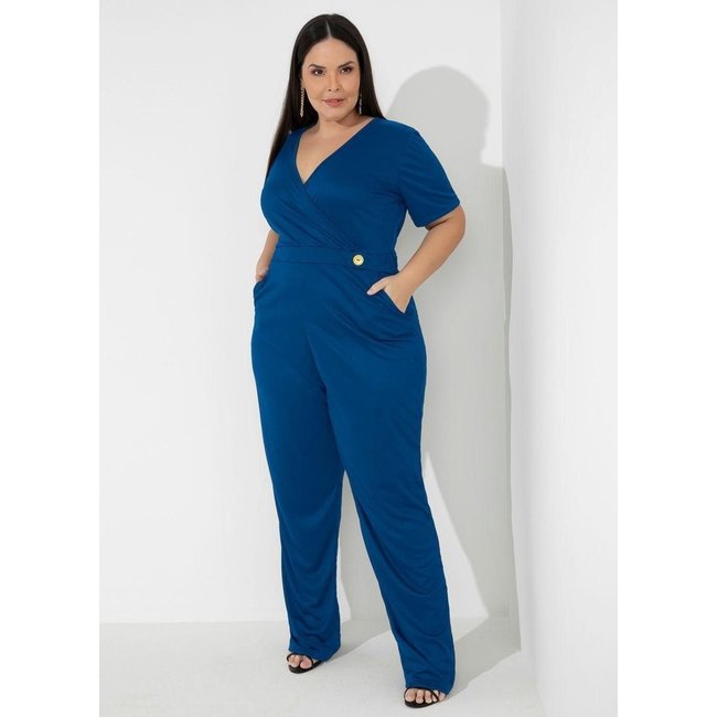 Macacão Com Botão Decorativo Plus Size Azul Marguerite