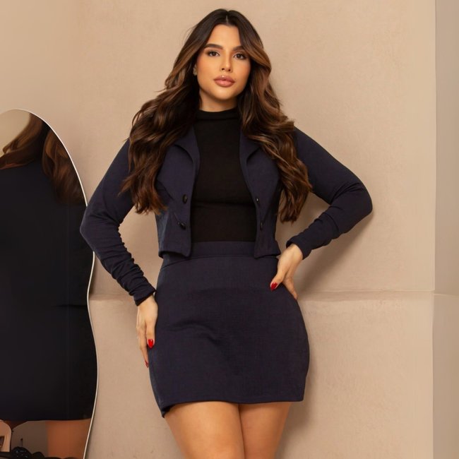 Conjunto Blazer Com Botão e Short Saia Xadrez Inverno Linho