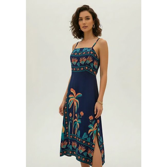 Vestido CabanaFree Midi Alça Fina Estampa Canto Livre