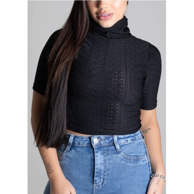 Blusa Manga Curta Sawary Fashion Gola Alta Laise PRETO