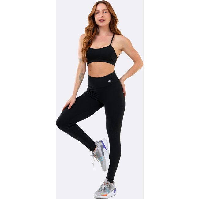 Conjunto Fitness Pink Urban Top Alça Nadador Calça Legging Cintura Alta Poliamida Academia - Preto