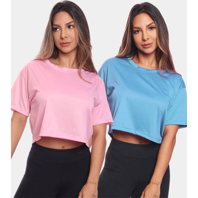 Kit 2 Cropped Manga Curta Feminino Dry Proteção UV Blusa Blusinha Academia Treino Rosa/Azul