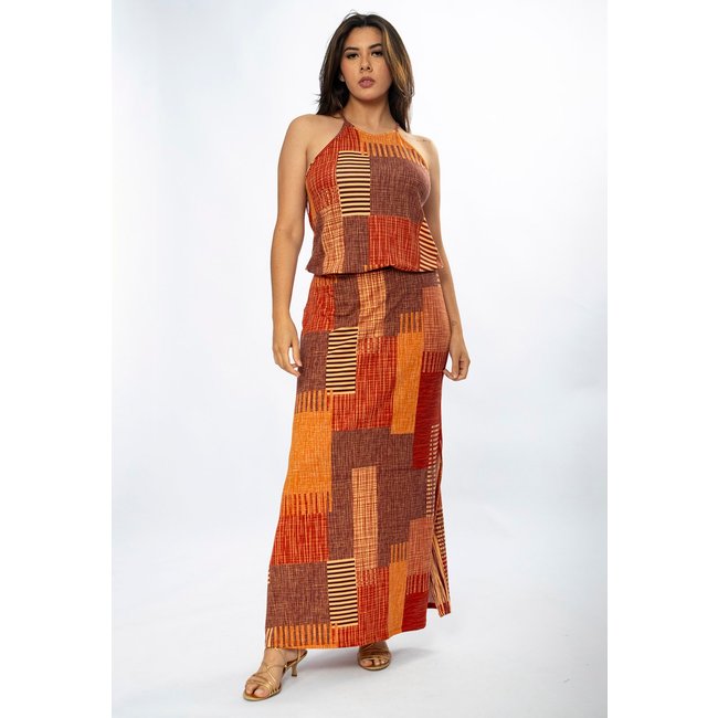 Vestido Longo Amazônia Vital Malha Trapézio com Elástico na Cintura Tramas do Sol