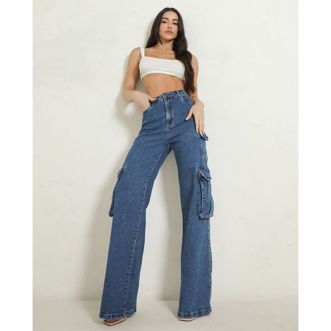 Calça Jeans Wide Leg Feminina Cargo 24952 Sky Escuro Consciência