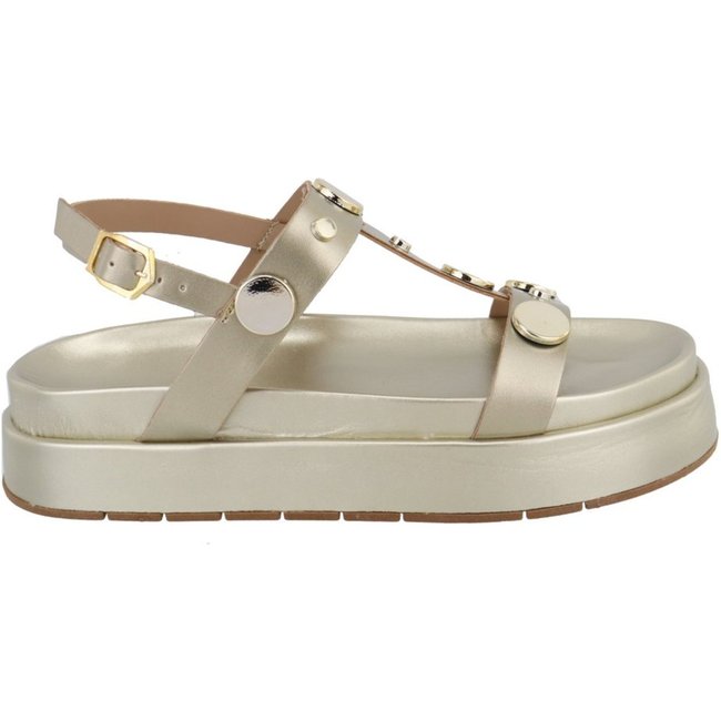 Sandália Flatform Amarena Dourado Fivela Regulável Detalhe Metais Moedas
