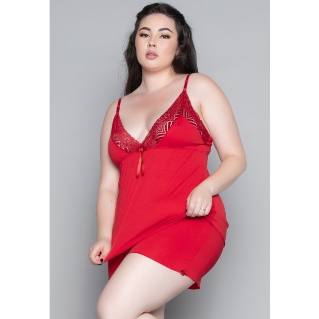 Baby Doll Plus Size WLS Modas Liganete e Renda Com Decote Sensual Vermelho