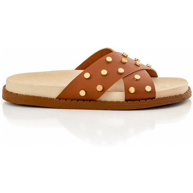 Sandália Papete Flatform Rasteirinha Enfeite Metal Brilho Metalizado Caramelo