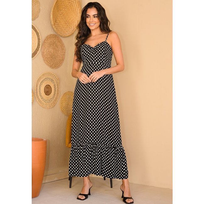 Vestido Longo com Decote nas Costas e Babado B’Bonnie Anelise Preto Poá