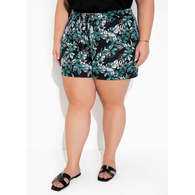 Short Com Ilhós E Amarração Plus Size Floral Marguerite