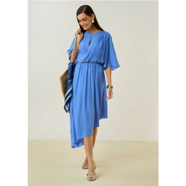 Vestido Maria Valentina Ajustado Decote Careca Manga Curta Midi Azul